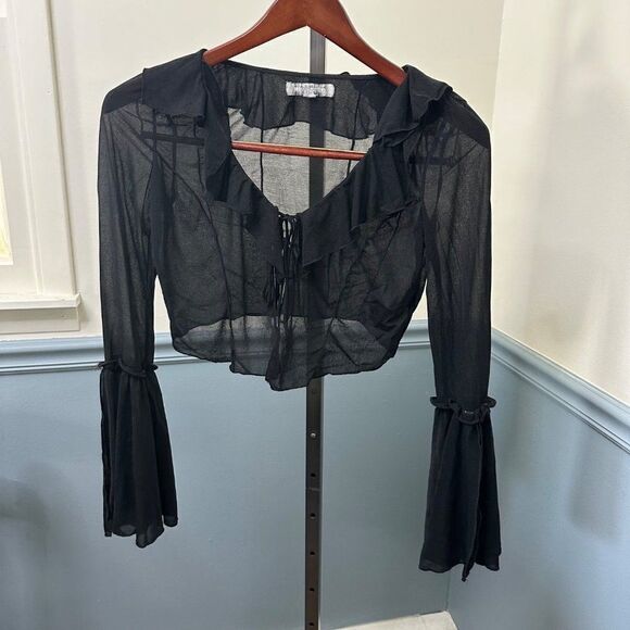 Urban Outfitters Semi Sheer Ruffle Trim Bell Sleeve Cropped Cardigan Shrug Size - Picture 1 of 5